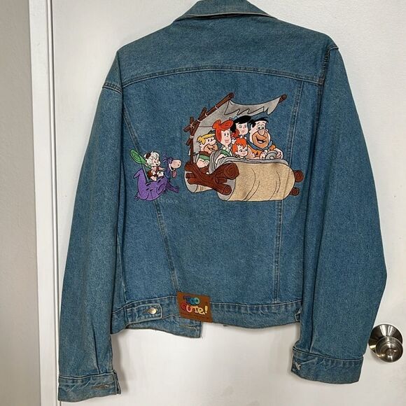 Vintage Too Cute Flintstone Denim Jean Jacket Size 2 Unisex - Picture 1 of 11